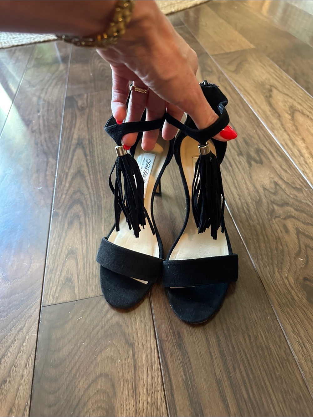 Saks Fifth Avenue Black Suede Tassel Ankle-Strap Heels